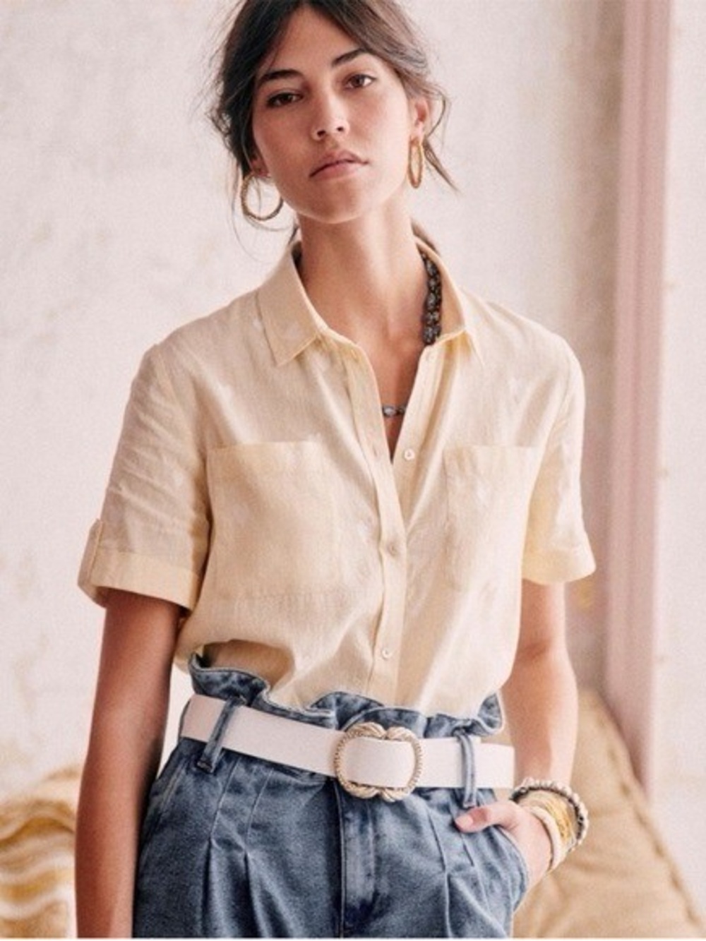 Sézane Saia Blouse. FR36/US4. Cream with heart embroidery